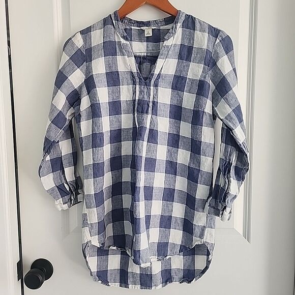L.L. Bean 100% Linen Tunic Womens  Size S White Blue Check High Low V Neck - Picture 1 of 7